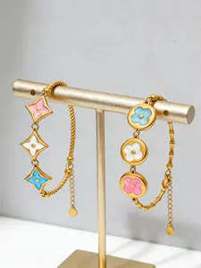 Macaron Color Drip Glaze Four-Leaf Clover Bracelet, Stainless Steel, Vintage, //blue Pendant, Bamboo Design