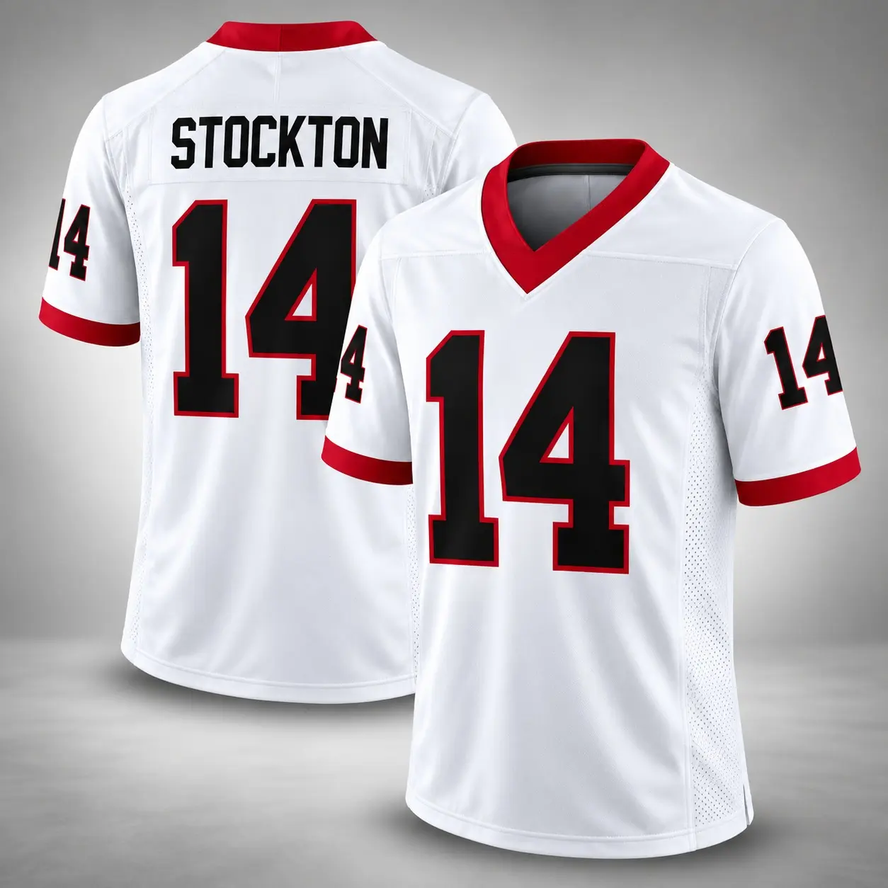 Unisex Football #14 Stockton Bulldogs Home Game Jersey – Unisex White College Football Shirt, Red & Black V-Neck Short Sleeve Jersey, Game Day Fan Apparel, Full Logo Player Style Sports Shirt