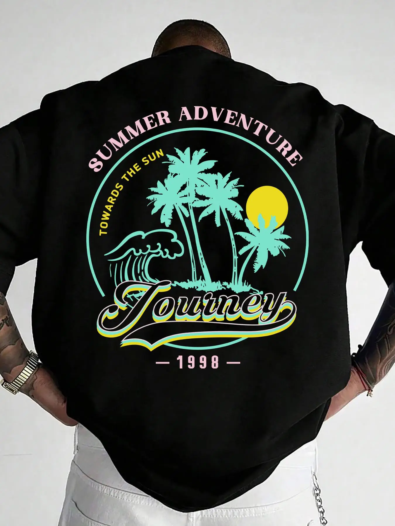 Men's Cartoon Palm Tree Graphic Print Round Neck Sleep Top, Regular Fit Casual Comfortable Drop Shoulder Short Sleeve Tee for Daily Home Wear, Men's S