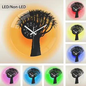 Vintage Vinyl Style Wall Clock, Round Transparent Glass, Tree Outline, Background, Optional LED Color Lighting, Home Decor Gift