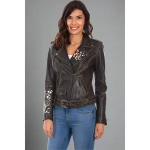 Scully Women's Floral Embroidered Black Leather Jacket L1032