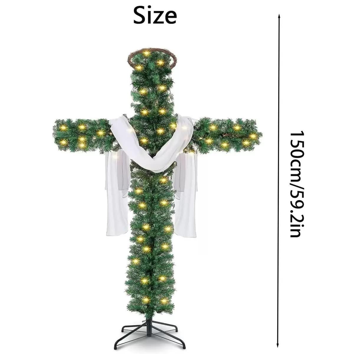 Christmas, Halloween, Easter. A green cross Christmas tree, suitable for halls, outdoor and indoor spaces, churches, chapels, and other holiday decorations.