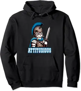 ATTITUDIOUS Cat Greek Roman God Gladiator Attitude Cat Sword Pullover Hoodie - Abigaillou Shop 57B0D7413RZQ