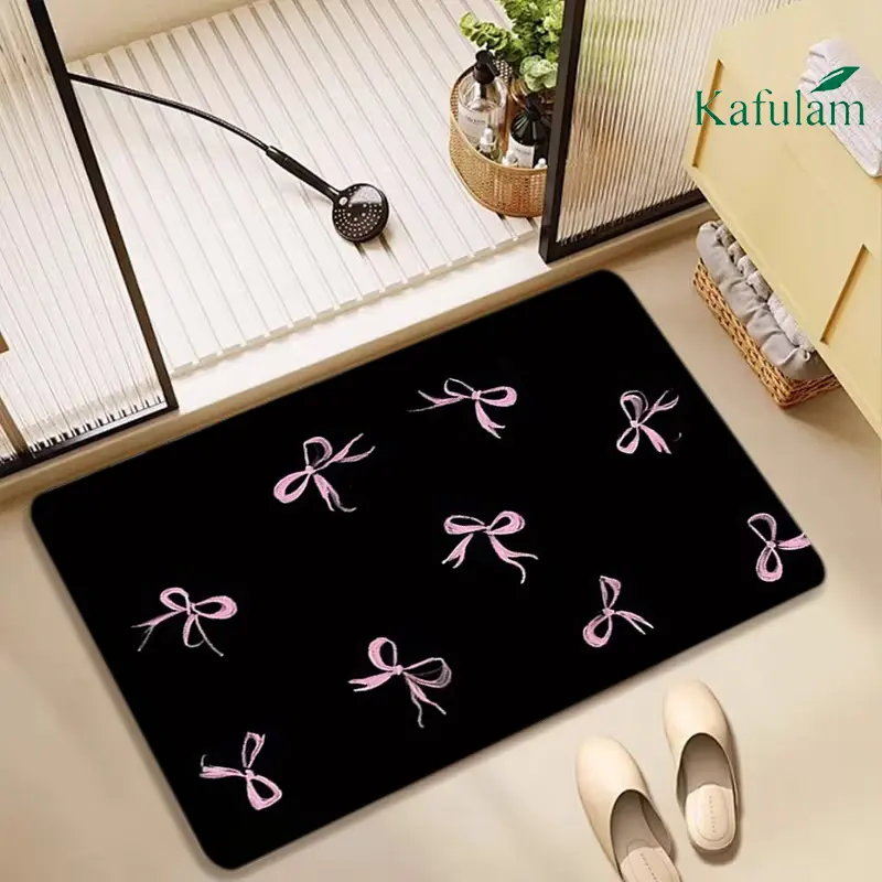 Non-slip Bath Mat, Rubber Water Absorbent Mat with Pink Bow Pattern on Black Background for Bathrooms, Entryways, Non-Slip Bath Mats