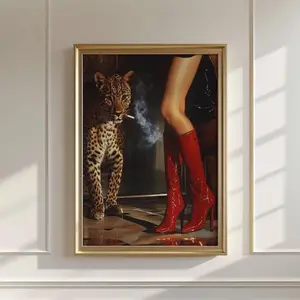Red Boots Print, Retro Leopard Poster, High Fashion Poster, Hypebeast Aesthetics, Luxurious Wall Art, Chic Designer Poster, Cool Girl
