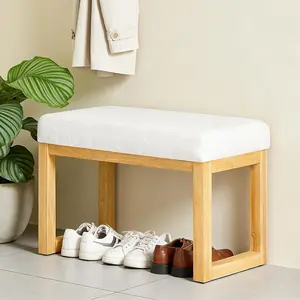 Solid Wood Shoe Bench, Thicken Frame and Soft Cushioned Seat, Entryway Shoe-Changing Bench for Small Spaces, Living Room, Bedroom, Easy to Assembly, Beige