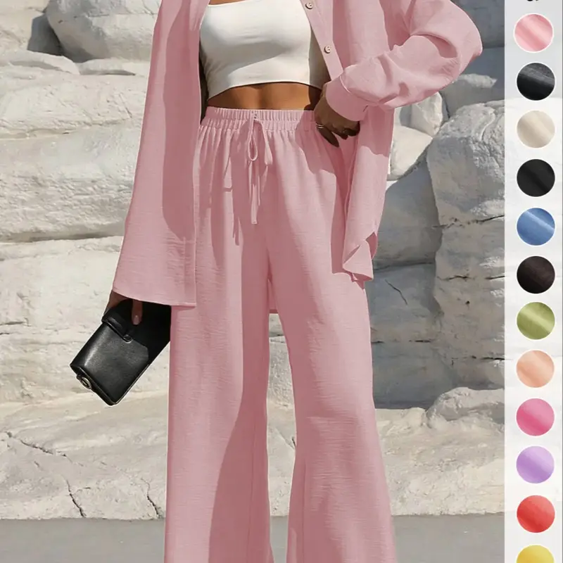 Women's Solid Button Front Shirt & Tie Front Wide Leg Pants Two-piece Set, Casual Drop Shoulder Long Sleeve Top & Trousers 2 Piece Set for Spring & Fall, Women's Clothes for Daily Wear, Casual Outfits Women, Casual Everyday Set
