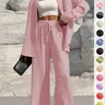 Women's Solid Button Front Shirt & Tie Front Wide Leg Pants Two-piece Set, Casual Drop Shoulder Long Sleeve Top & Trousers 2 Piece Set for Spring & Fall, Women's Clothes for Daily Wear, Casual Outfits Women, Casual Everyday Set