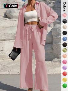women's solid button front shirt & tie front baggy pants two-piece set, casual drop shoulder long sleeve blouse top & trousers 2 piece set for spring & fall, women's clothes for daily wear, longsleeves womenswear, suits, two piece set women