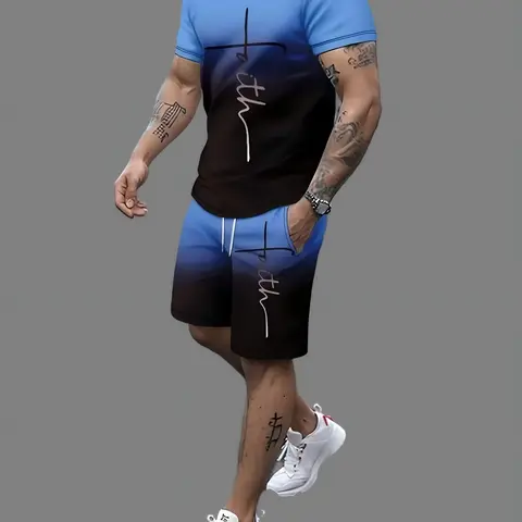 Men's 2-Piece Fashionable Blue & Black Gradient Faith Text Print Short-Sleeve Round-Neck T-Shirt & Drawstring Shorts Set, Comfortable Breathable Casual Sports Streetwear Clothes Menswear