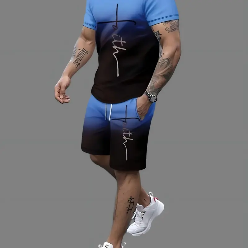 Men's 2-Piece Fashionable Blue & Black Gradient Faith Text Print Short-Sleeve Round-Neck T-Shirt & Drawstring Shorts Set, Comfortable Breathable Casual Sports Streetwear Clothes Menswear