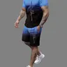 Men's 2-Piece Fashionable Blue & Black Gradient Faith Text Print Short-Sleeve Round-Neck T-Shirt & Drawstring Shorts Set, Comfortable Breathable Casual Sports Streetwear Clothes Menswear