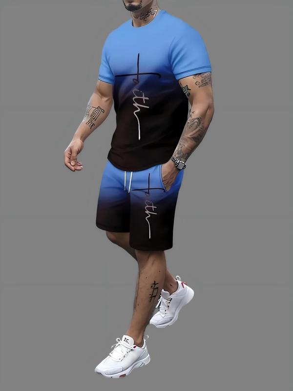 Men's 2-Piece Fashionable Blue & Black Gradient Faith Text Print Short-Sleeve Round-Neck T-Shirt & Drawstring Shorts Set, Comfortable Breathable Casual Sports Streetwear Clothes Menswear