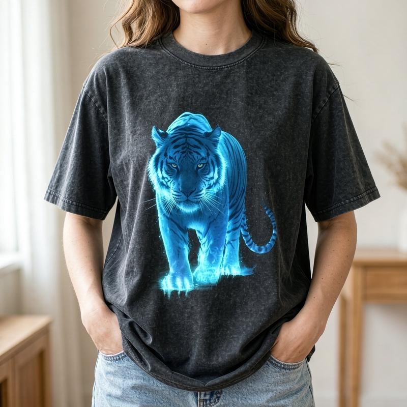 Women's Plus Size Acid Wash Combed Cotton Basic Garment Short Sleeve Crew Neck T-shirt - Ultra Soft Beach Fit Fabric Oversized Curvy Tee with Neon Tiger Graphical Print