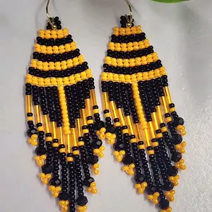 Handcrafted Beaded Earrings - Black and Orange Beaded Earrings with Fringe Design