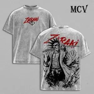 Kenpachi Zaraki Bleach Anime Round Neck Short Sleeve T-Shirt - Vintage Washed Oversized Graphic Menswear Top, Bloodlust Warrior Streetwear for Men, Gym Pump Cover