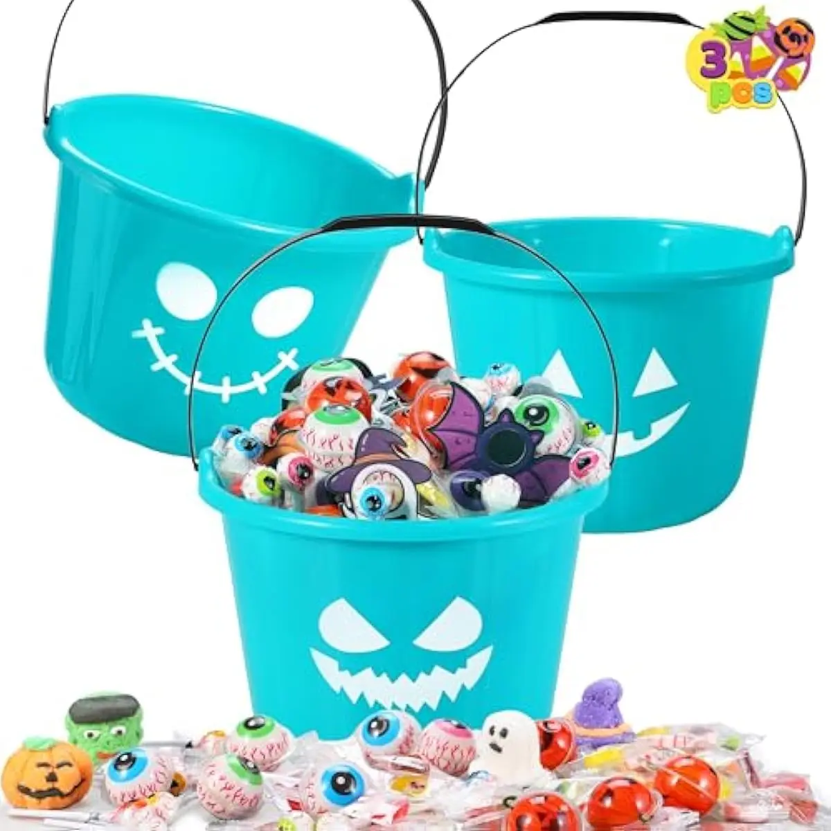 3 PCS Halloween Trick or Treat Pumpkin Buckets, Allergy Friendly Jack O Lantern Teal Bucket Baskets, Plastic Pails with Handle for Kids Party Favors Supplies Props(7" x 7" x 5")