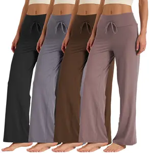4 Pack Women's Wide Leg Pants - Soft High Waist Pajamas, Elastic Waistband Flowy Casual Palazzo Pants for Home, Travel & Daily Comfort