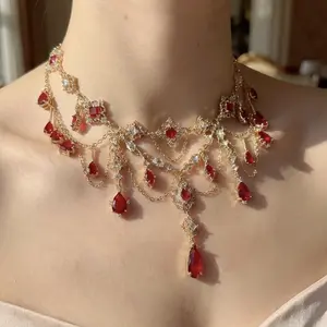 Soocosisx Gothic Necklace Tassel DDXL0017 Red Gemstone Pendant Vintage Layered Collarbone Chain for Women 14K Gold-Plated