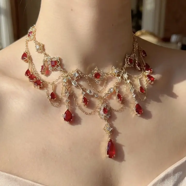 Soocosisx Gothic Necklace Tassel DDXL0017 Red Gemstone Pendant Vintage Layered Collarbone Chain for Women 14K Gold-Plated