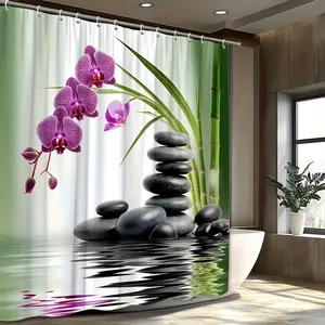 1pc Orchid & Rock Design Polyester Shower Curtain with Serene Bamboo & Water Reflection Print Machine Washable Multiple Sizes for Bathroom Decor Toilet & Shower Curtain Shower Curtain for Bathrooms Washroom Accessory Smooth Texture