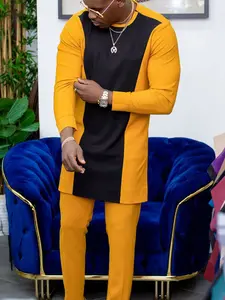 Traditional Muslim African Cultural Style Men's Wedding Suit Set, Round Neck Long Sleeve Top and Pants, 2 Piece Set, Matching, Formal Wear, Outfit, Menswear