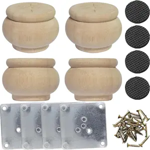 4 Pack 2 Inch Solid Wood Unpainted Round Replacement Furniture Legs DIY Bun Feet with Mounting Plate & Screws for Sofa Cabinet Desk Bookcase