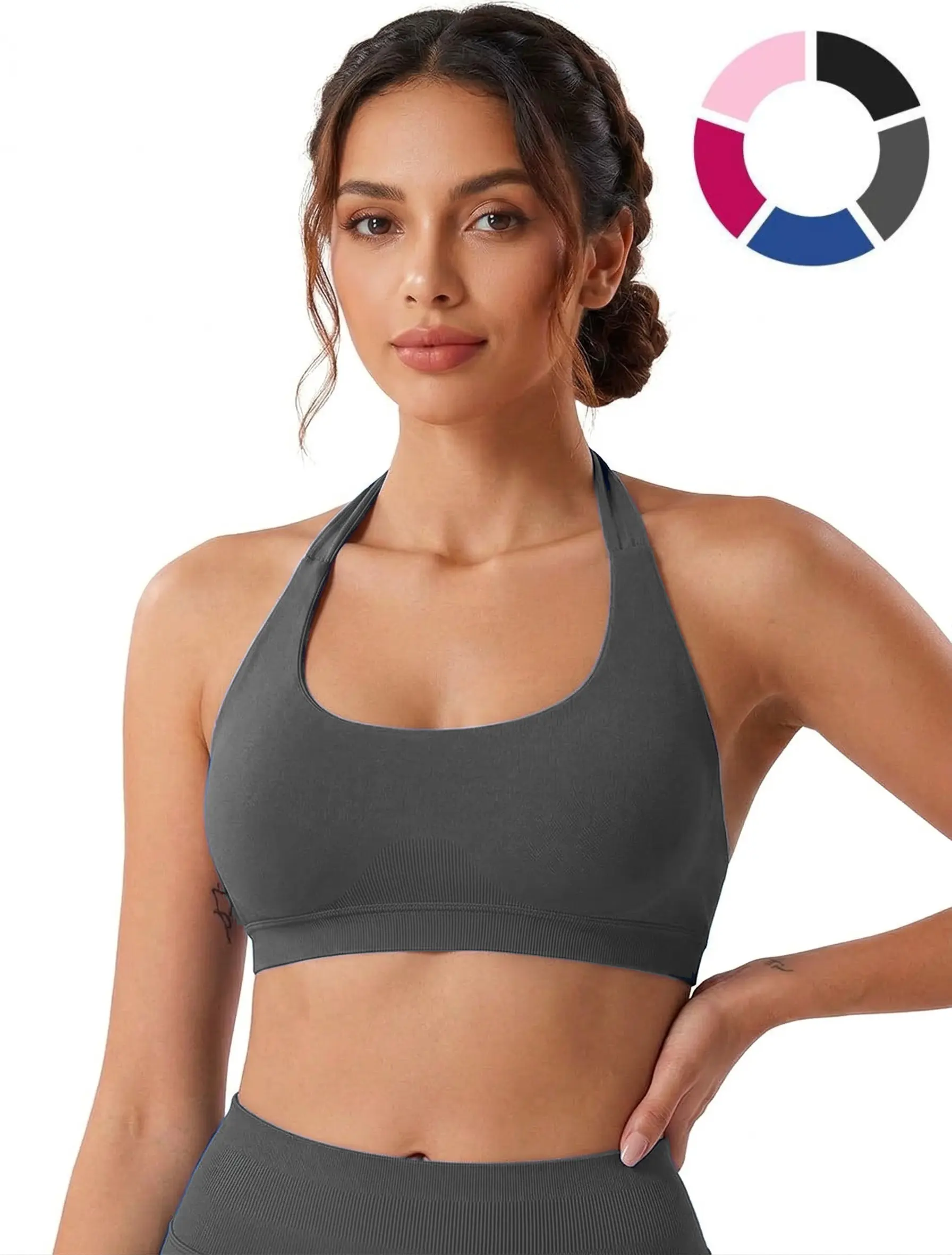 CharaTide Women's Wide Strap Halter Supportive Sports Bra - Seamless Breathable Ribbed Impact Padded Fitness Bra for Women, Gym Workout Use