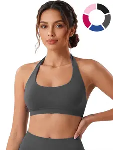 CharaTide Women's Wide Strap Halter Sports Bra - Seamless Ribbed Impact Padded Workout Gym Bra