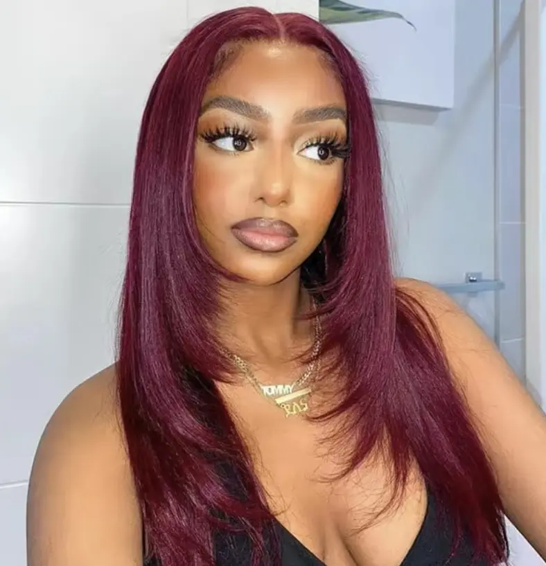 6x5 Glueless 99J Burgundy Colored Ginger Color and 33# Reddish Brown Color Straight Bob Wig Ready To Go 210% Density Layered Cut Natural Color Human Hair Wig