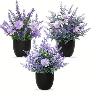 3pcs Mini Artificial Plants For Home Decor - 3 Pots Lavender And Purple Flowers, Green Artificial Plastic Indoor Decoration, Suitable For Offices, Bedrooms, Living Rooms, Bathrooms, Desks, Indoor Plant Decoration | Decorative Green Plants