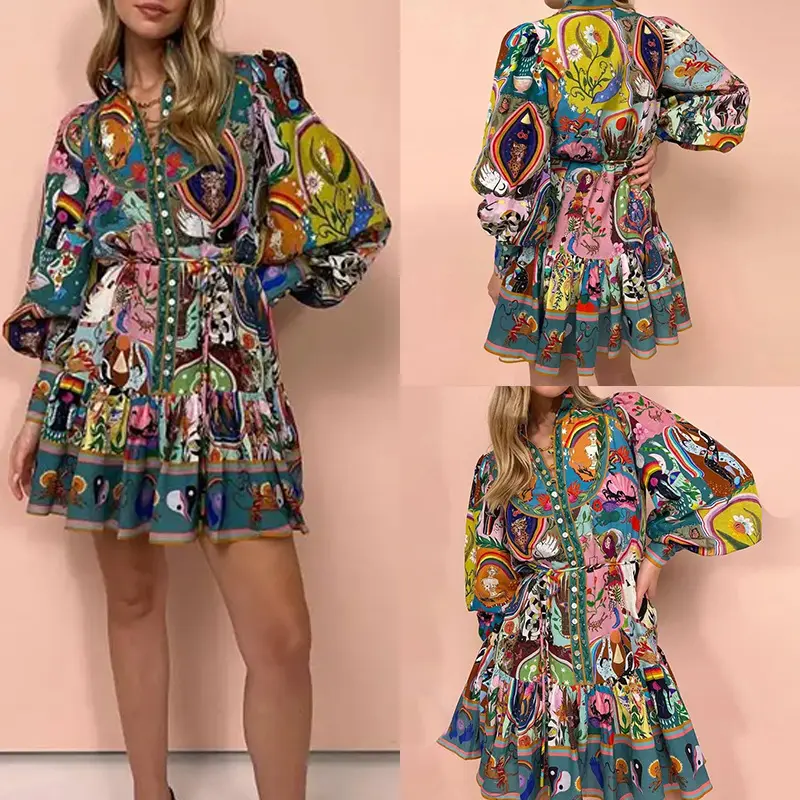 Women's Retro Elegant Stand Neck Printed Strap-on Dress Short Skirt