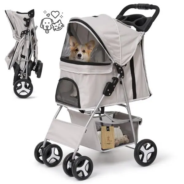 Pet Dog Stroller for Small Dogs and Cats,One-Click Folding 4-Wheel Pet Stroller with Storage Basket/Cup Holder,for Travel/Jogging, Gray