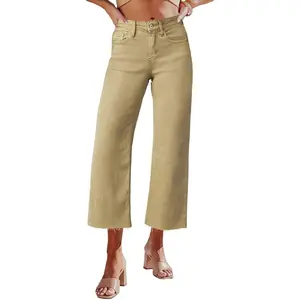Women's High Waisted Straight Ankle Wide Leg Ripped Jeans Frayed Hem Stretchy Capri Denim Pants