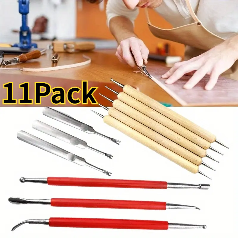 11Pack Leather Carving Tools Set, Metal Stamping Scraper and Detailing Needles, for DIY Leather Crafts, Creasing and Drawing Patterns on Vegetable-Tanned Leather