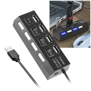 4 Port USB 2.0 Black Hub with High Speed Adapter ON/OFF Switch For Laptop PC Black