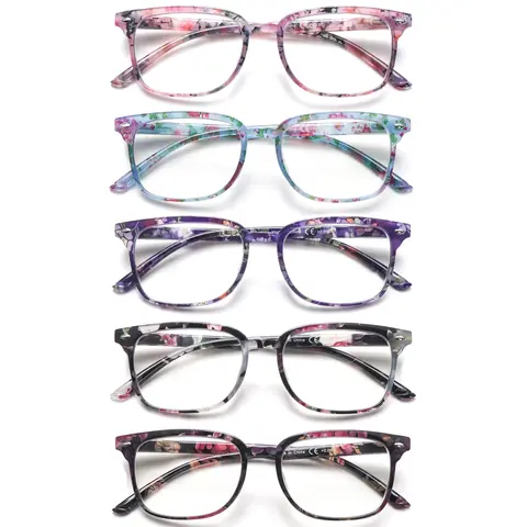 Women's 5-Pack Full Rim Rectangular Eye Fashion Eye Strain Relief Eyeglasses - Adjustable Spring Hinge, Comfy Fit, Anti-Glare UV400 Polycarbonate Lenses, Non-Prescription, Less Face Pressure, Universal Size for Adults' Computer, Phone & Gaming Use
