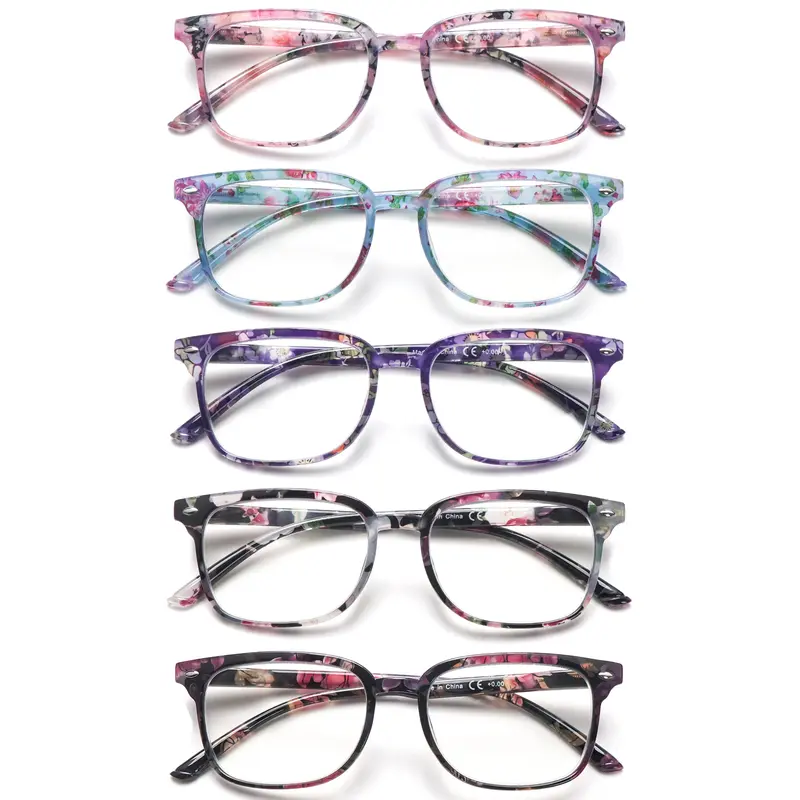 Women's 5-Pack Full Rim Rectangular Eye Fashion Eye Strain Relief Eyeglasses - Adjustable Spring Hinge, Comfy Fit, Anti-Glare UV400 Polycarbonate Lenses, Non-Prescription, Less Face Pressure, Universal Size for Adults' Computer, Phone & Gaming Use
