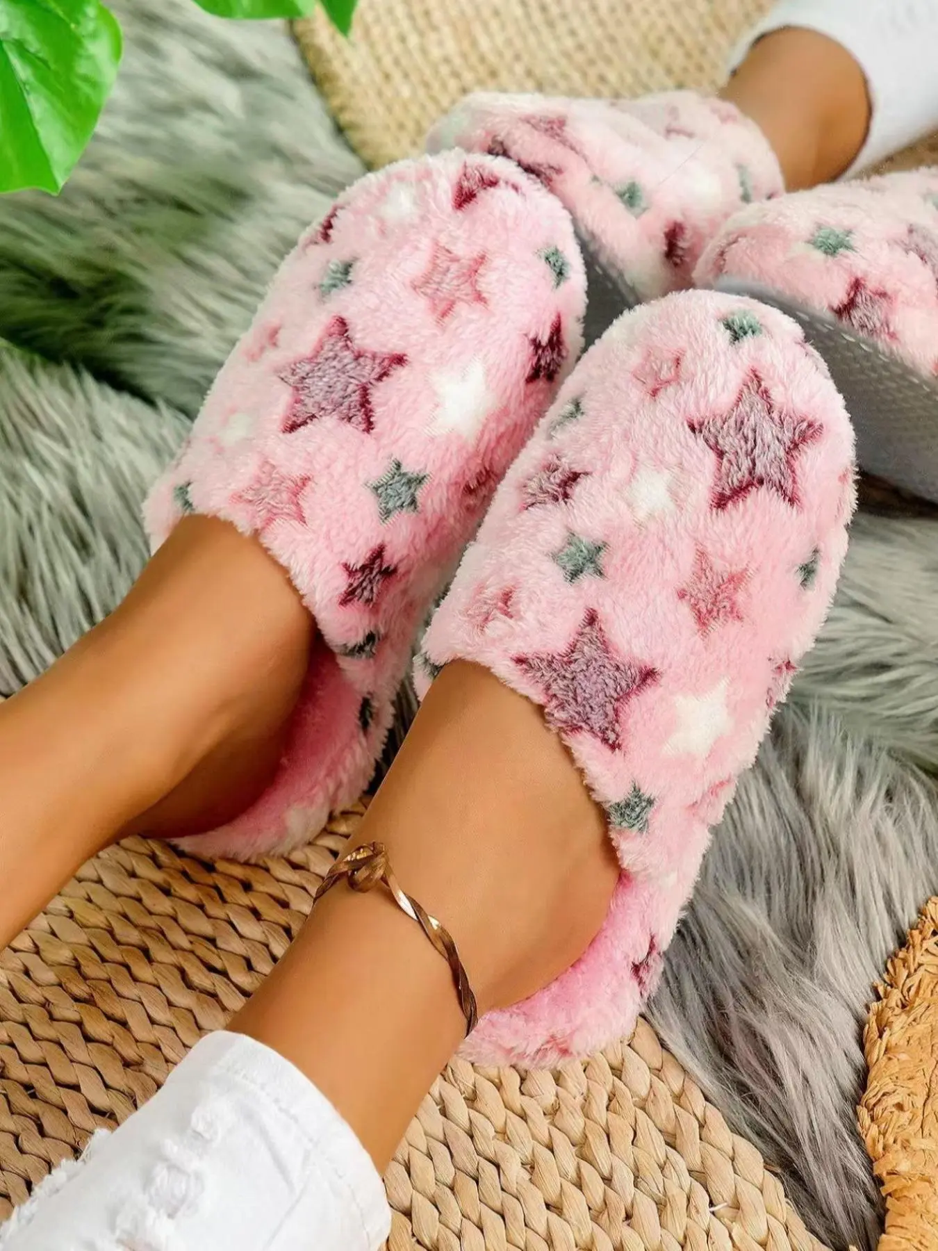 Women's Star Pattern Plush Slippers, Casual Soft Comfortable Fluffy Home Slippers, Fluffy House Slippers, Home Bathroom Slippers, Fuzzy Warm Slippers for Indoor & Outdoor Use for All Seasons, Footwear