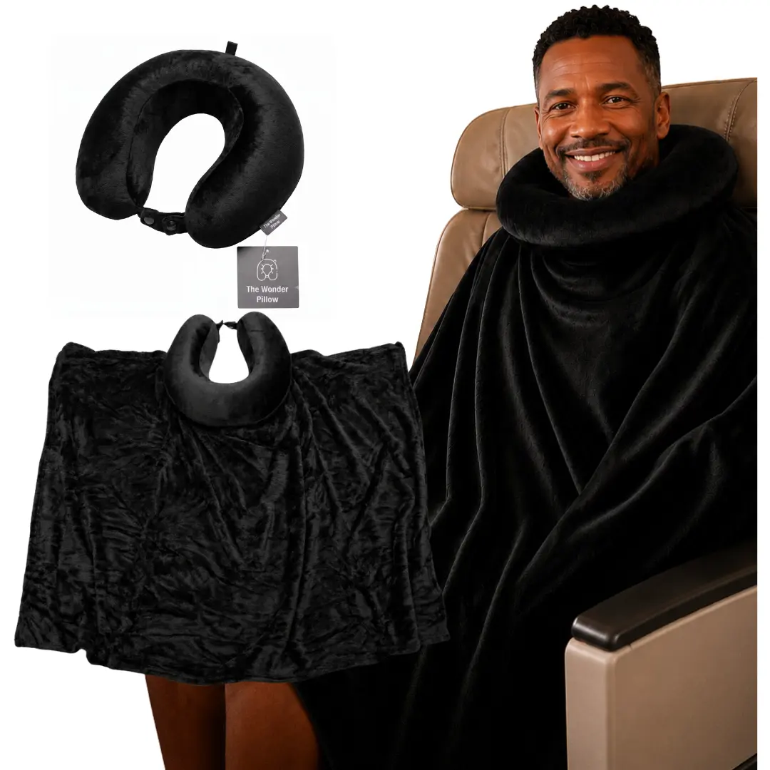 The Wander Pillow Travel Neck Pillow with Built-in Blanket Storage Micro Mink Memory Foam 11.8"x11.5"x3.5 Inches Includes 31x47 Inch Blanket for Comfortable Travel