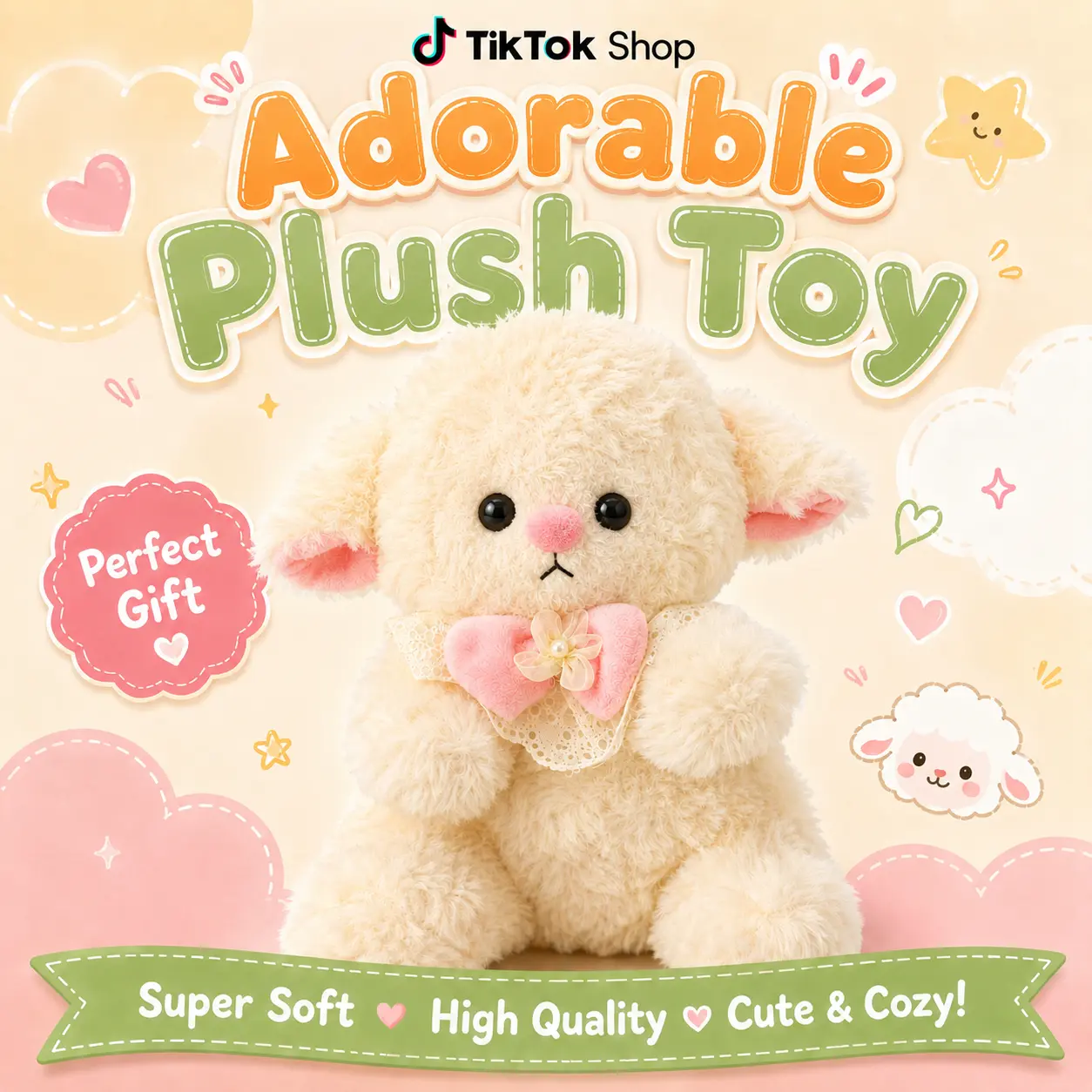 Cute Lamb Plush Toy – Super Soft Stuffed Animal with Pink Bow, Adorable Gift for Girls, Room Decor & Plush Lovers  Shorter version: