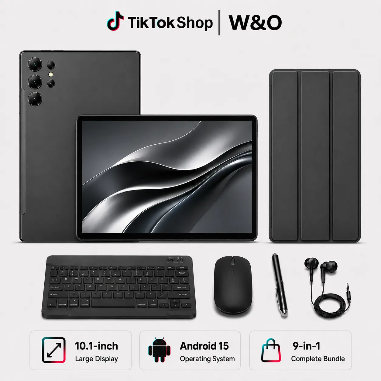 W&O X9 10.1-Inch Android 15 Tablet for Work & School — 8GB RAM 256GB ROM, 8000mAh Battery, Dual-Band WiFi, SIM + microSD, 9-in-1 Keyboard/Mouse/Stylus/Case Bundle