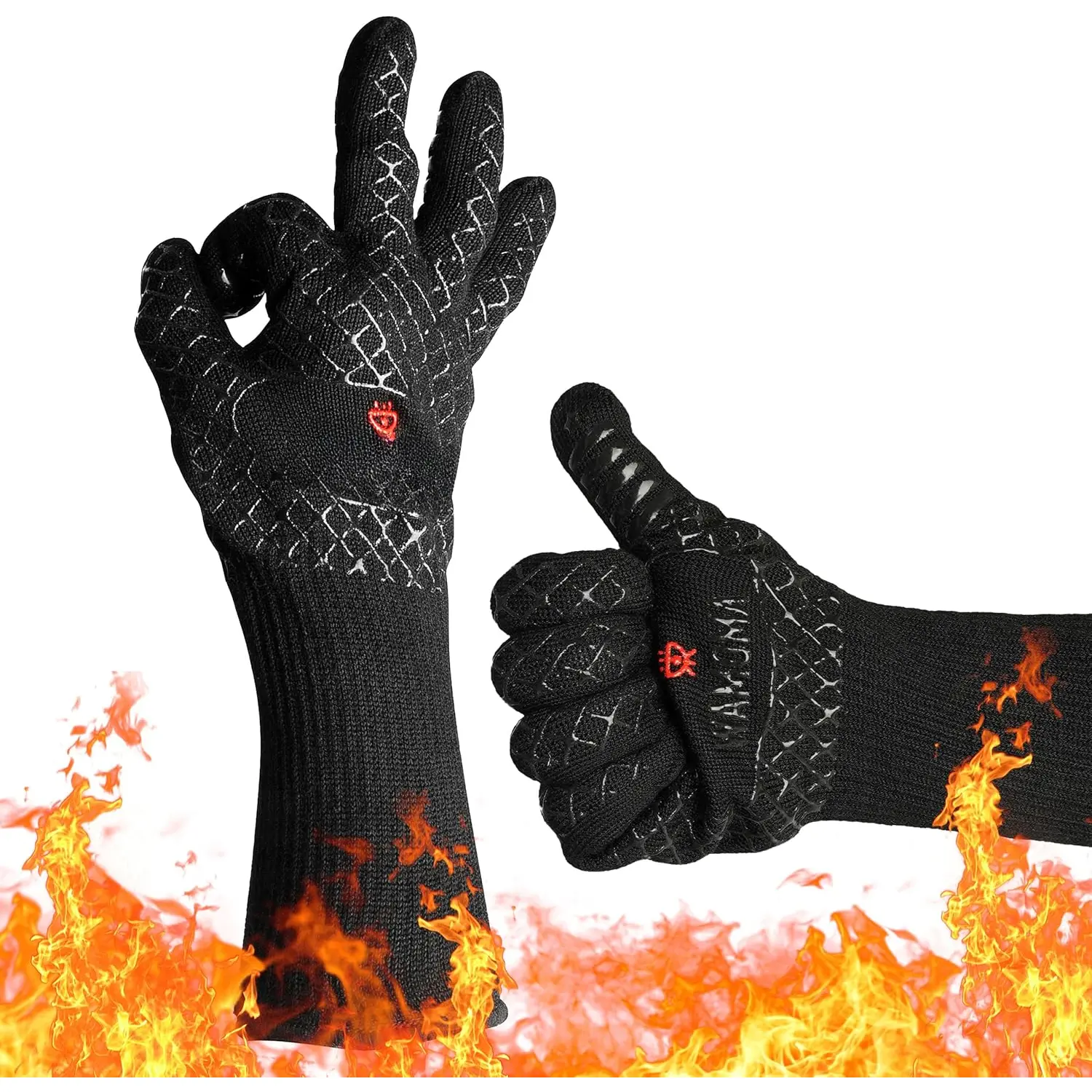 Long Heat Resistant BBQ Gloves - 1472?F Heat Proof Internal Cotton Lining, Non-Slip  Grilling Gloves for Meat Handling, Barbeque, Cooking, XL Oven Gloves with Long Sleeve