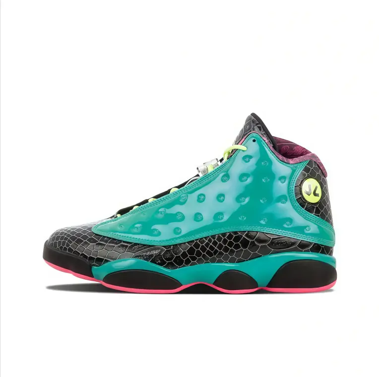 Basketball sneakers teal black snake print upper high top patent leather exotic texture bright pink outsole eye‑catching statement piece fashion‑forward urban wear collectible style unisex footwear