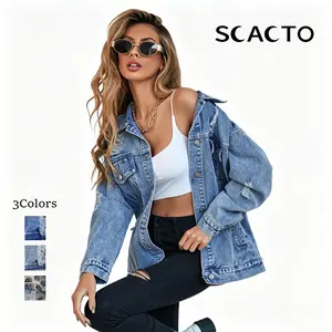 SCACTO Women's Long Oversized Denim Jacket Boyfriend Ripped Distressed Jean Coats Tops Outerwear Casual Womenswear Fitted Comfortable Fabrics