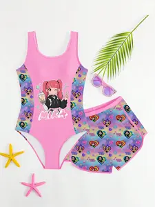 Girls' Checkered Two-Piece Swimsuit, Cartoon Print Kids Swimwear Set, Cute Bathing Suit for Summer Beach and Pool Parties