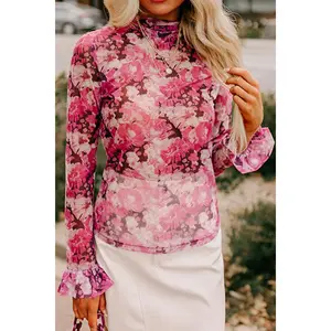Floral Turtleneck Flounce Sleeve Blouse