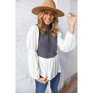 Grey Texture Knit Two Fer Elastic Bubble Sleeve Top