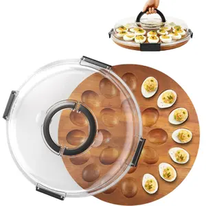 Deviled Egg Containers with Lid (24 Eggs), 2026 Upgraded Acacia Wooden Deviled Egg Tray Platter for Party and Home Kitchen, The Lid is Dishwasher Safe