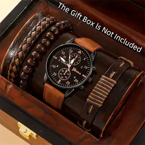 Men'S 4pcs Set Casual Quartz Watches with Vintage Beaded Bracelet, Faux Leather Strap - Fashion Accessory, Round Dial, Non-Waterproof, Battery Powered, World-Time Feature, Perfect Gift for Father'S Day, Valentine's, Easter, Birthdays, Chris